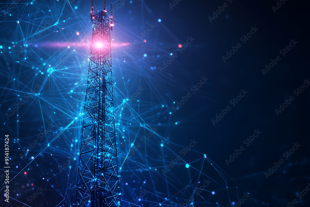 An abstract digital background featuring a 5G tower, highlighted by connecting data points in blue and black colors An abstract digital background featuring a 5G tower, highlighted by connecting data points in blue and black colors