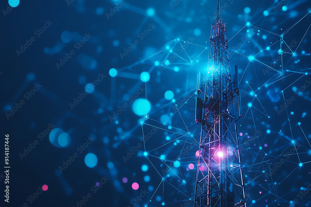 An abstract digital background featuring a 5G tower, highlighted by connecting data points in blue and black colors