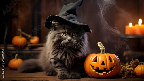 Playful black kitten with big blue eyes peeks from orange pumpkin in Halloween portrait photo