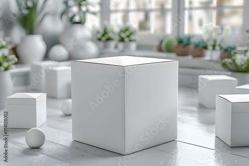 White box on a table next to other white boxes