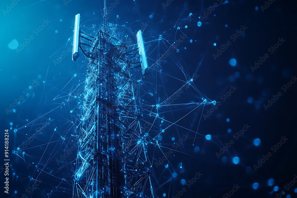 An abstract digital background featuring a 5G tower, highlighted by connecting data points in blue and black colors An abstract digital background featuring a 5G tower, highlighted by connecting data points in blue and black colors