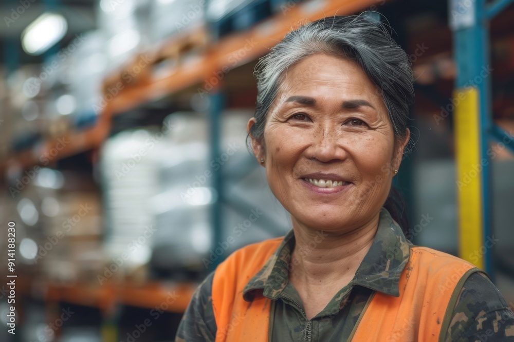 Portrait of a smiling middle aged female warehouse worker Portrait of a smiling middle aged female warehouse worker