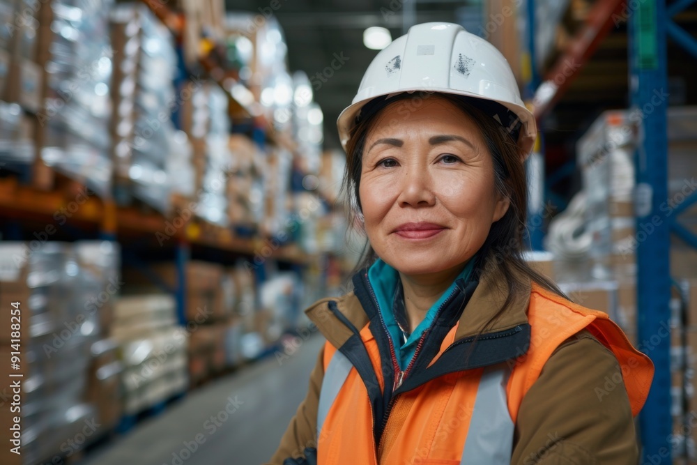 Portrait of a smiling middle aged female warehouse worker Portrait of a smiling middle aged female warehouse worker