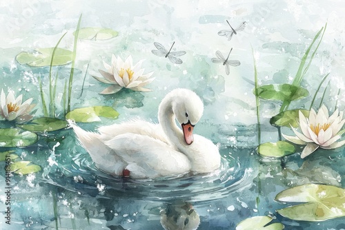 A serene watercolor scene featuring a graceful swan gliding over a tranquil pond with water lilies and dragonflies. photo