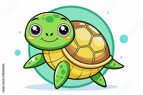 Cartoon Illustration of a Smiling Green Sea Turtle with a Yellow Shell