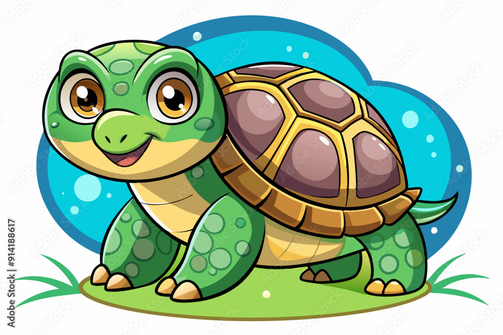 Fototapeta premium Cartoon Illustration of a Smiling Green Turtle with a Brown Shell