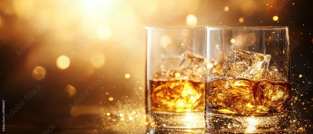 Two glasses of whiskey on the rocks with a sparkling background. Two glasses of whiskey on the rocks with a sparkling background.