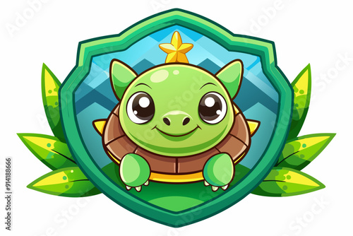 Cute Green Turtle with Star on a Green Shield