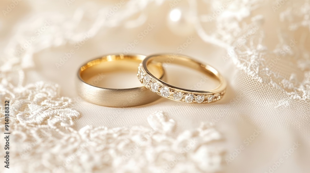 Gold wedding bands on a lace background, symbolizing commitment and love. Gold wedding bands on a lace background, symbolizing commitment and love.