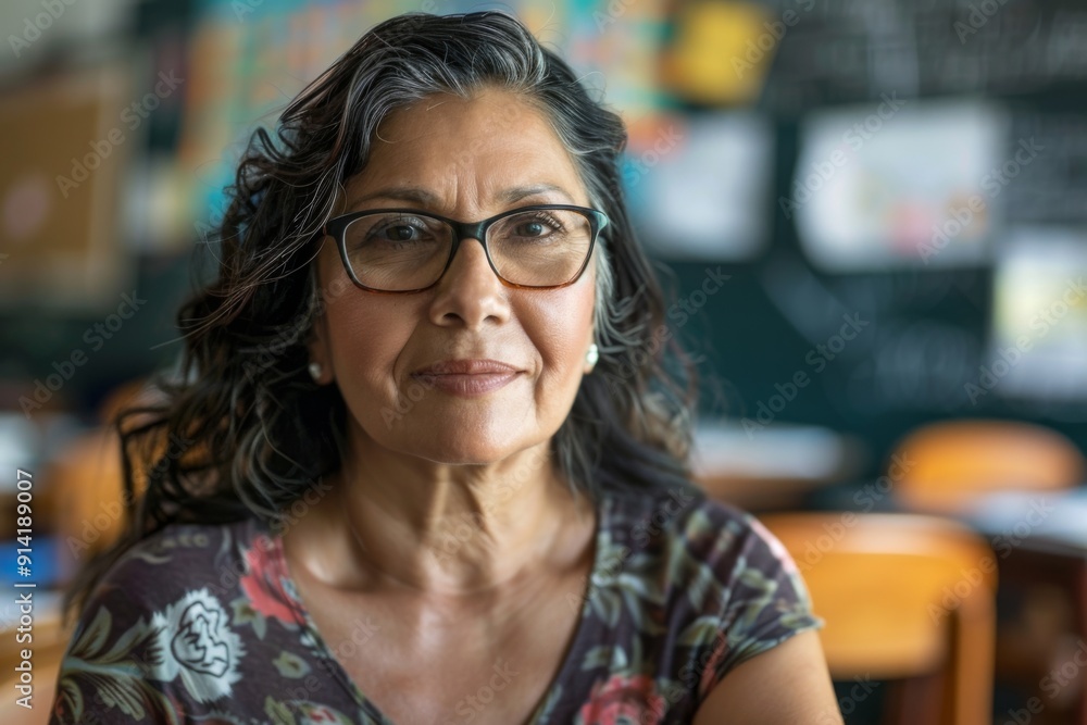 Portrait of a middle aged Hispanic female teacher in classroom Portrait of a middle aged Hispanic female teacher in classroom