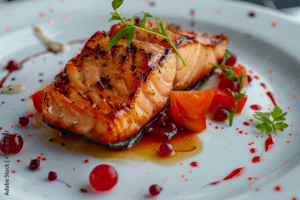 Grilled salmon with garnish served on plate Grilled salmon with garnish served on plate