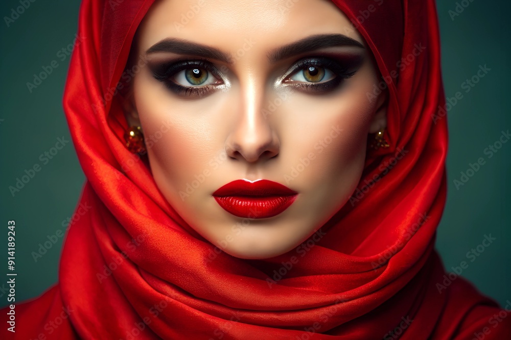 Portrait of a Young Woman with Bold Makeup and a Bright Red Headscarf Portrait of a Young Woman with Bold Makeup and a Bright Red Headscarf
