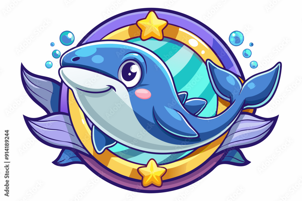 Fototapeta premium Cartoon Blue Whale with Star and Bubbles in a Circular Frame