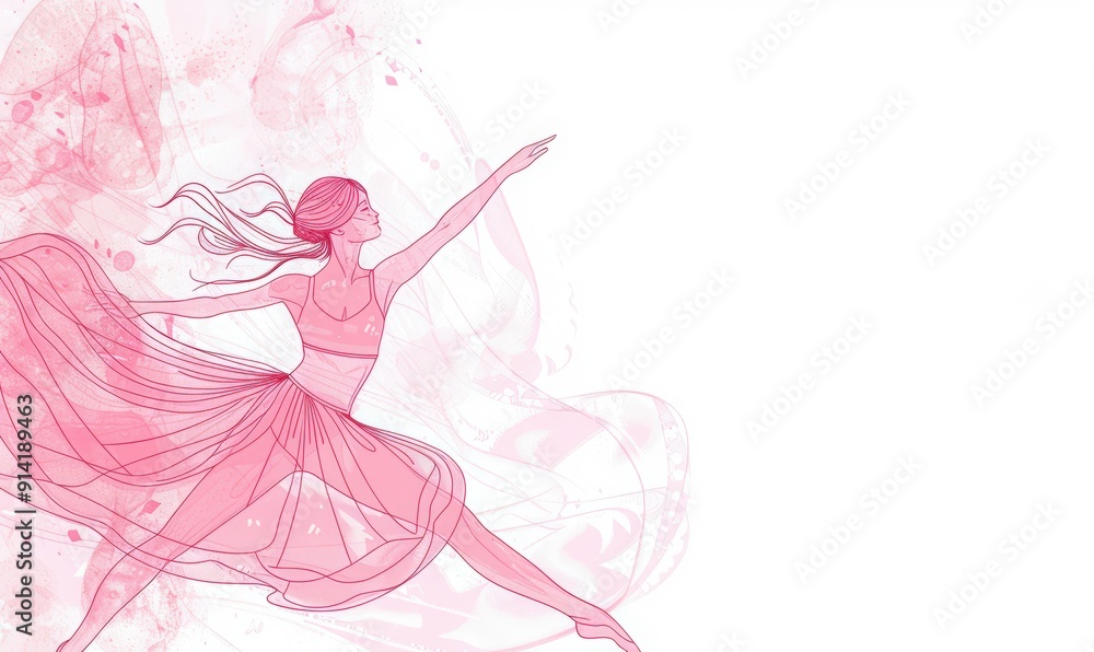 line drawing of the ballerina in pink dress on white background, text line drawing of the ballerina in pink dress on white background, text