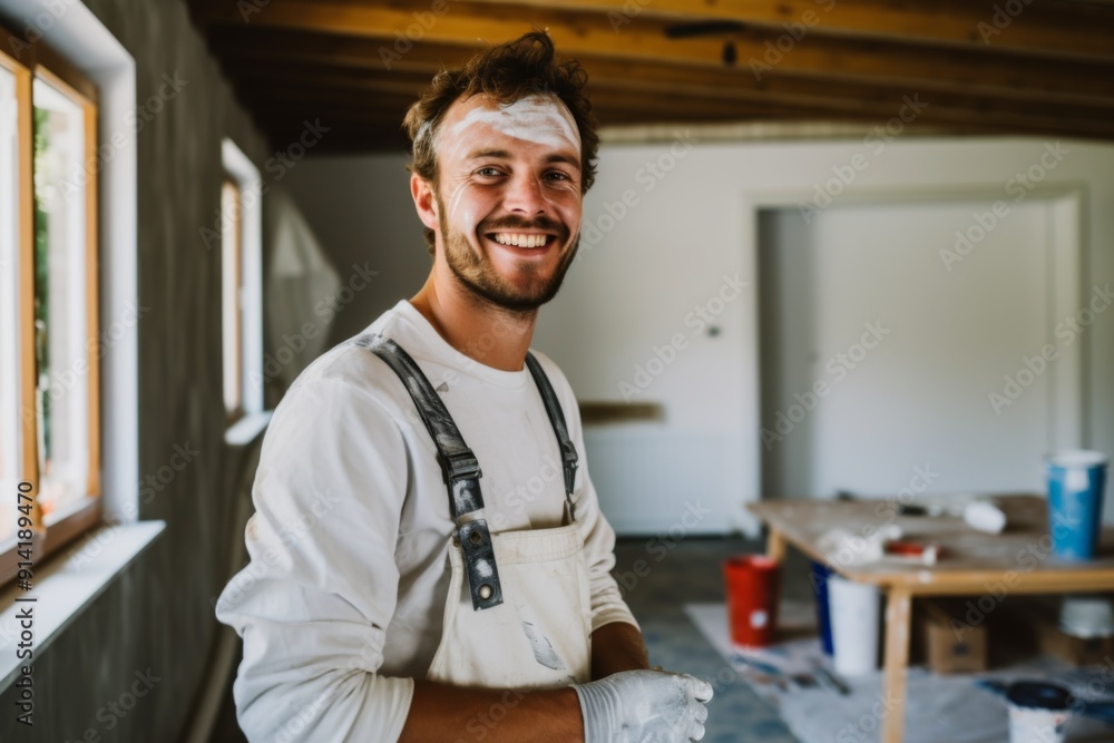 Portrait of a young smiling house painter refurbishing Portrait of a young smiling house painter refurbishing