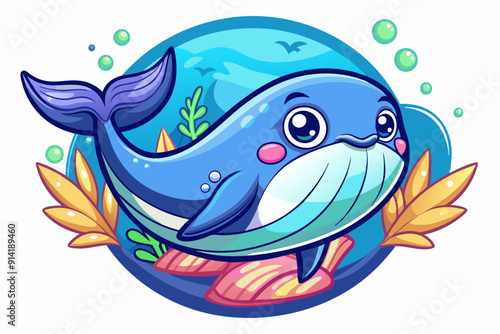 Cartoon Whale Swimming in Ocean with Bubbles and Seaweed