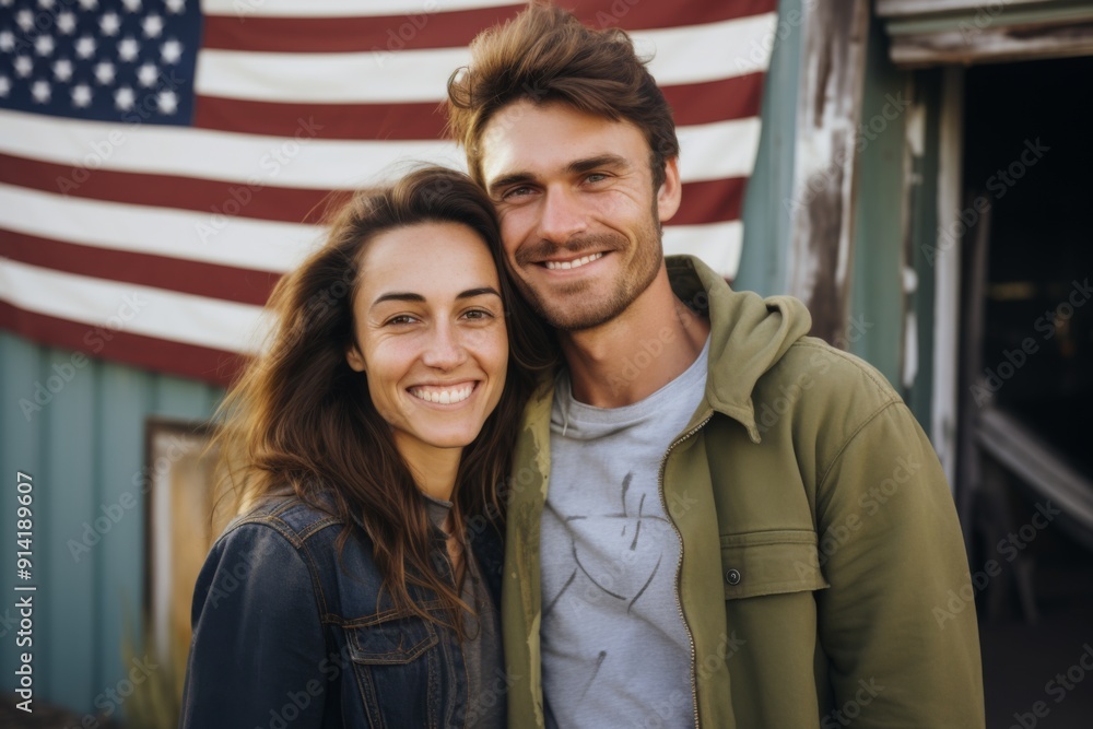 Portrait of a smiling young American couple in front of house Portrait of a smiling young American couple in front of house