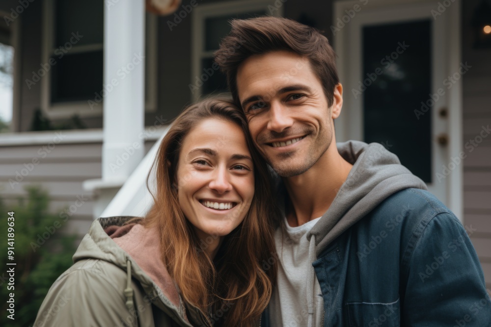 Portrait of a smiling young American couple in front of house Portrait of a smiling young American couple in front of house