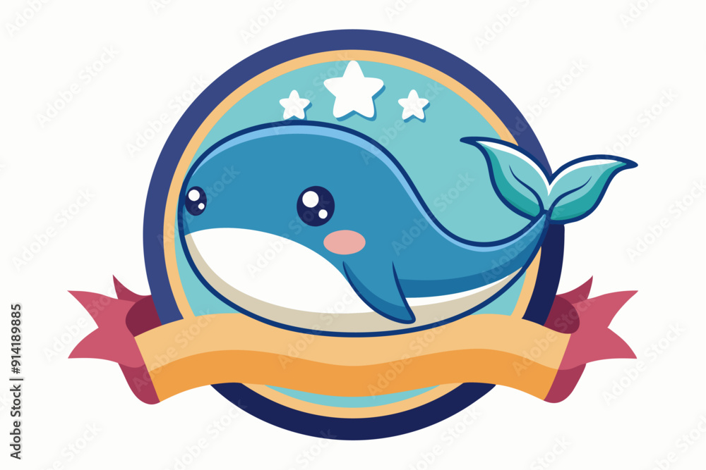 Obraz premium Cute Cartoon Whale with Stars and Ribbon
