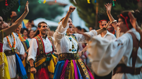 Traditional Greek dancers perform for a crowd of enthusiastic people, cheering and clapping joyously.