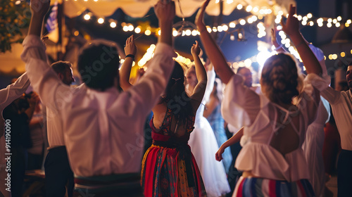 Excited crowd claps and cheers as traditional Greek dancers perform on stage under bright lights.
