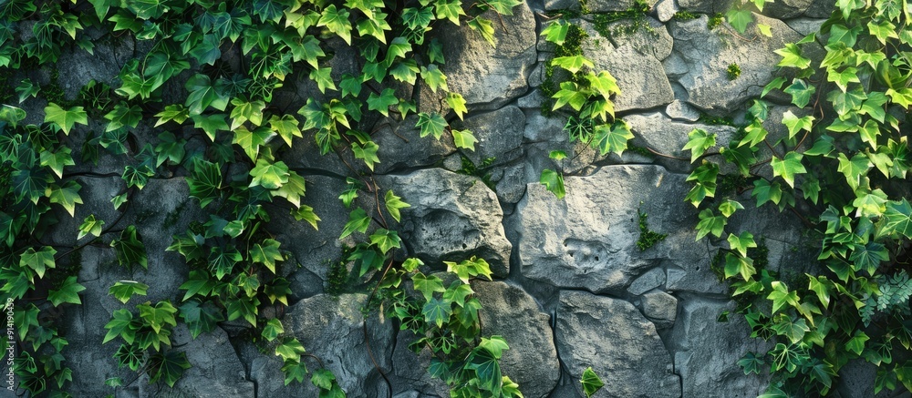 Lush green ivy and moss thriving on ancient stone walls creates a picturesque scenery with copy space image Lush green ivy and moss thriving on ancient stone walls creates a picturesque scenery with copy space image