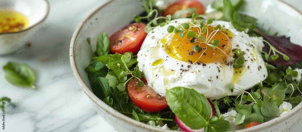 Close up shot of a tasty burrata salad in a bowl on a white tiled table featuring a space for text in the image. Copy space image. Place for adding text and design Close up shot of a tasty burrata salad in a bowl on a white tiled table featuring a space for text in the image. Copy space image. Place for adding text and design