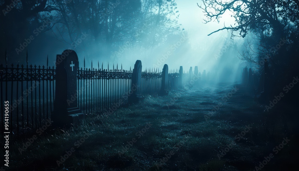 Obraz premium Spooky cemetery with fog and iron gate at night.
