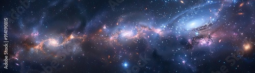 Stunning cosmic panorama showcasing vibrant galaxies and star clusters against a dark, mysterious universe. photo