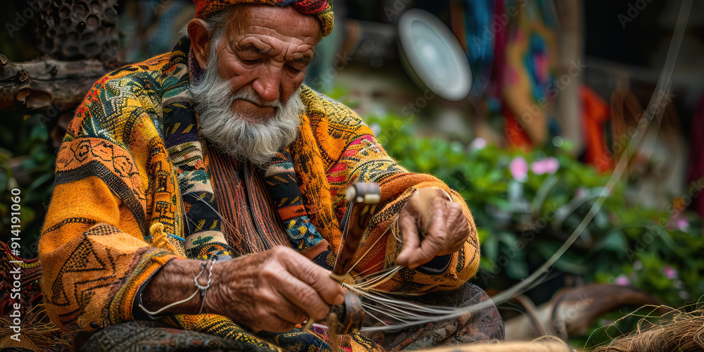 Ancient Wisdom of the Elders: A wise elder, seated on the ground, spinning yarn with a drop spindle. Ancient Wisdom of the Elders: A wise elder, seated on the ground, spinning yarn with a drop spindle.