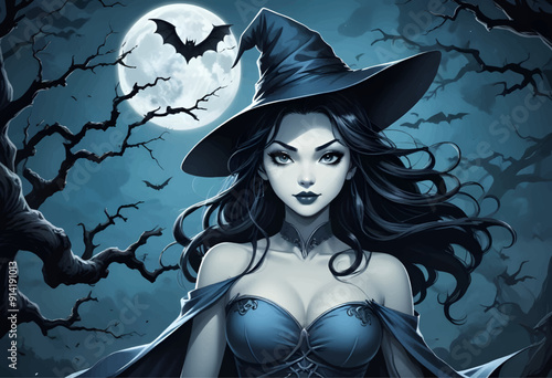 Gothic Witch Under a Full Moon with Bats