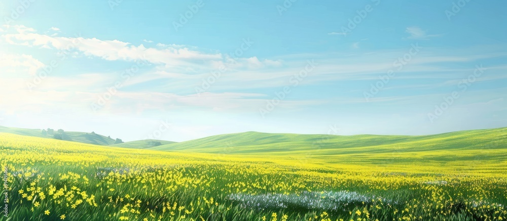 Fototapeta premium A scenic landscape with a vibrant yellow field lush green hill and clear blue sky perfect for a copy space image