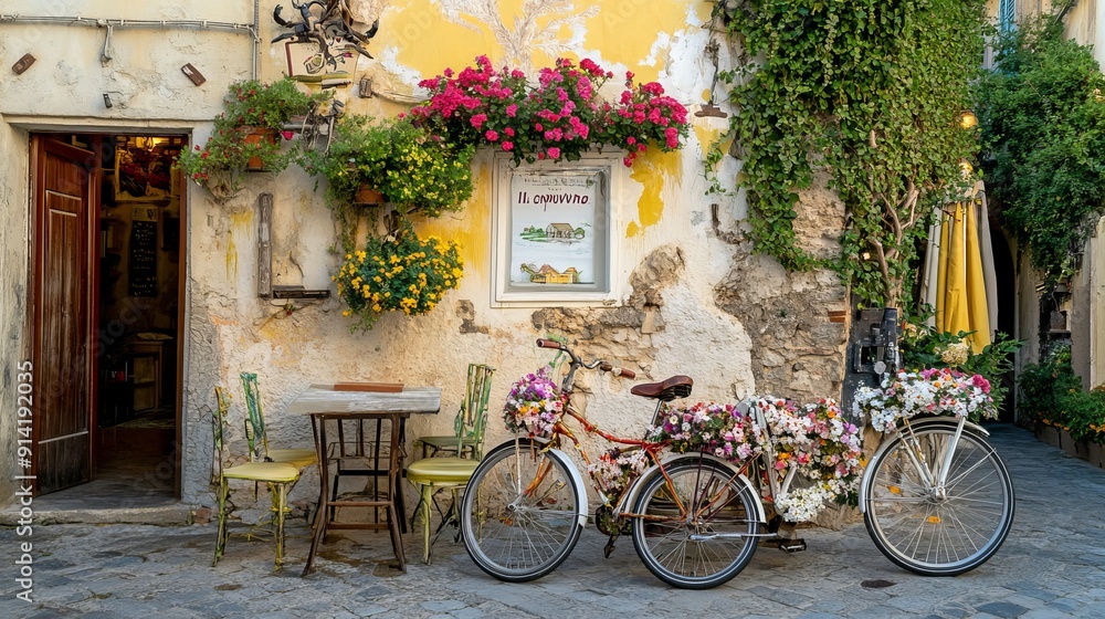 Obraz premium Tropea, Italy :Street restaurant Il Convivio in old house of Tropea town (centro storico) with floral decorated bicycle