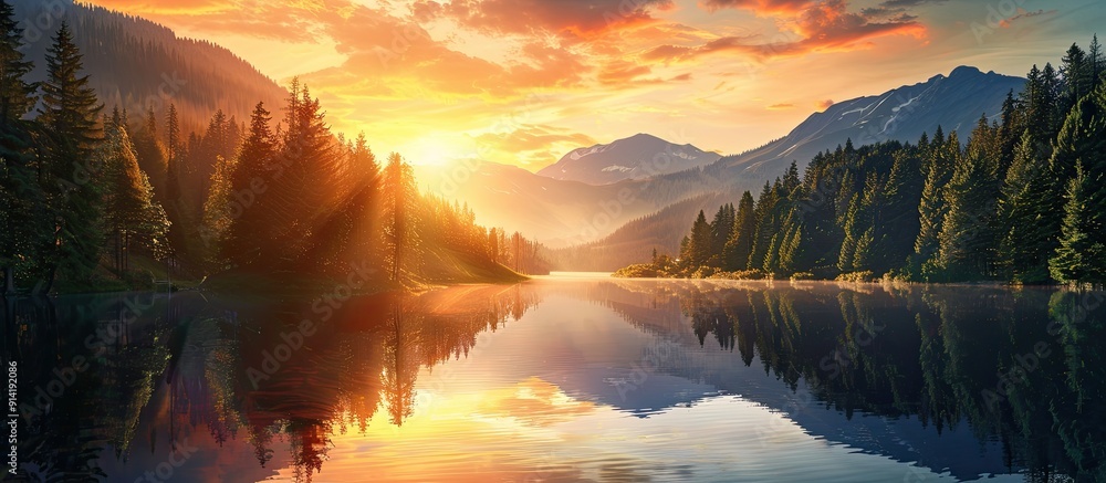 Forest covered mountains with a stunning sunset reflected in water creating a picturesque evening landscape perfect for a wallpaper with a copy space image Forest covered mountains with a stunning sunset reflected in water creating a picturesque evening landscape perfect for a wallpaper with a copy space image