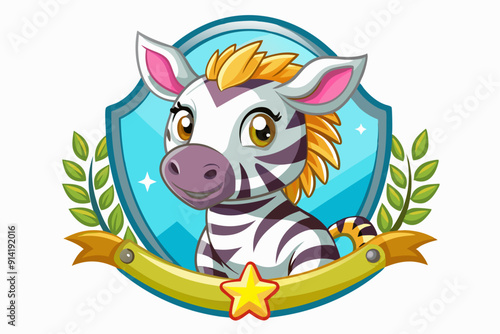 Cartoon Zebra with Yellow Mane in Blue Shield with Star and Leaves