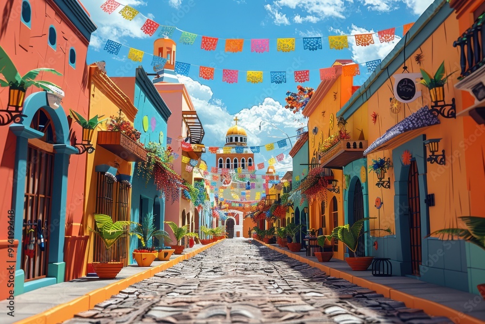 Obraz premium Origami Paper Illustration of Zimapán Street with Festive Decorations