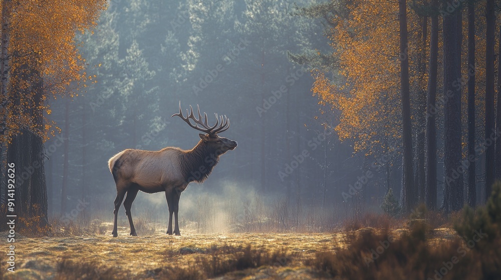 A lonely elk standing in a forest clearing, with mist rising from the ground. A lonely elk standing in a forest clearing, with mist rising from the ground.