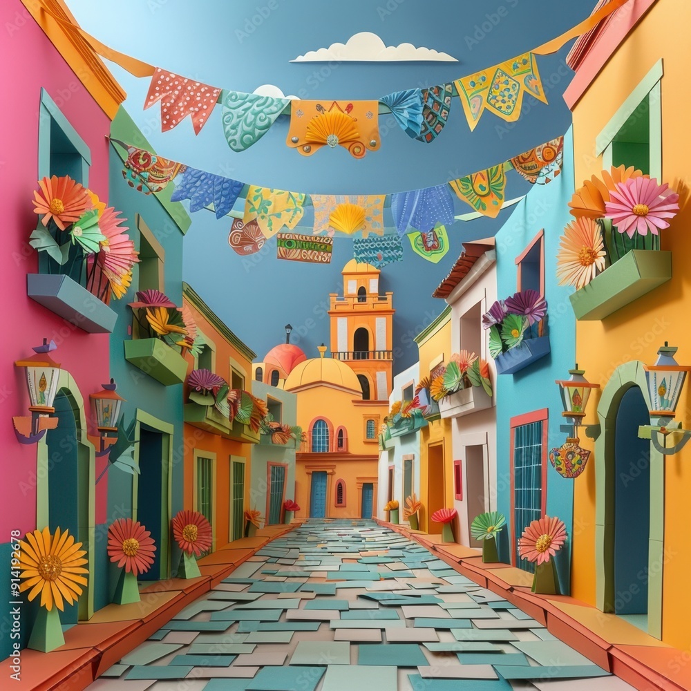 Origami Paper Illustration of Zimapán Street with Festive Decorations
Origami Paper Illustration of Zimapán Street with Festive Decorations