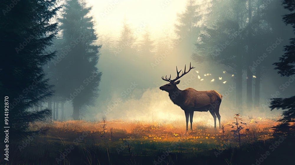 A lonely elk standing in a forest clearing, with mist rising from the ground. A lonely elk standing in a forest clearing, with mist rising from the ground.