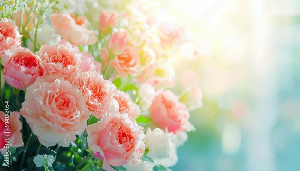 Pink roses in a bouquet with a soft, blurred background.