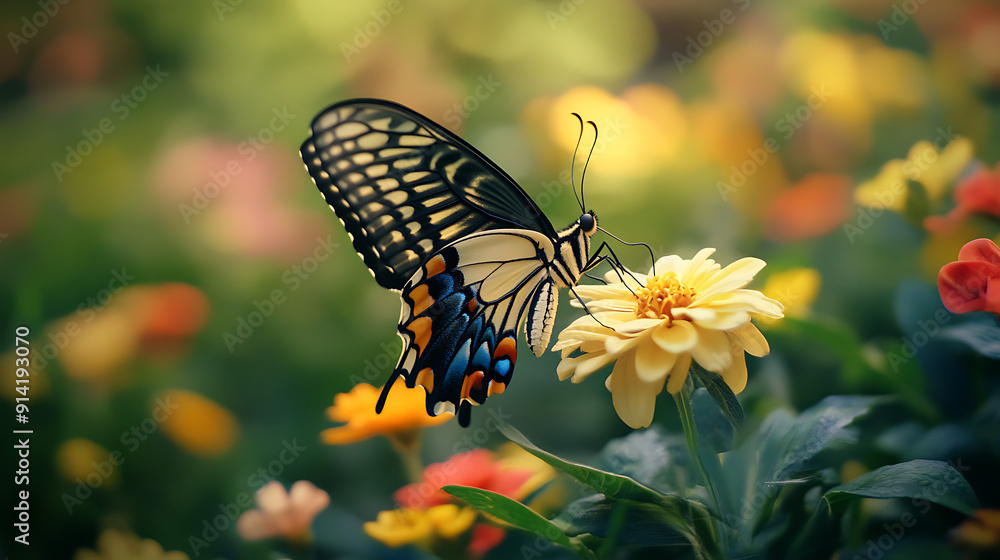 A butterfly resting on a brightly colored flower in a lush garden, capturing a moment of natural harmony A butterfly resting on a brightly colored flower in a lush garden, capturing a moment of natural harmony