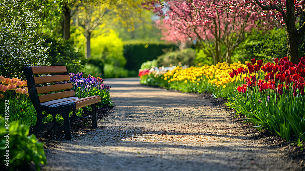 Fototapeta premium A picturesque garden path lined with blooming flowers, leading to a serene seating area surrounded by nature's beauty 