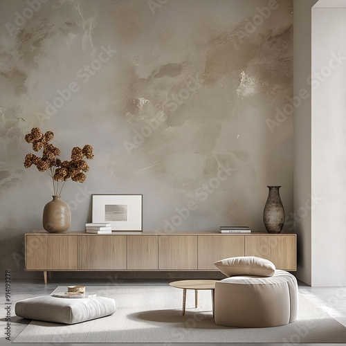 Aesthetic elegant minimalist japandi interior design. Clear mock up empty wall for decoration. Copy space. Neutral palette of natural colors. photo