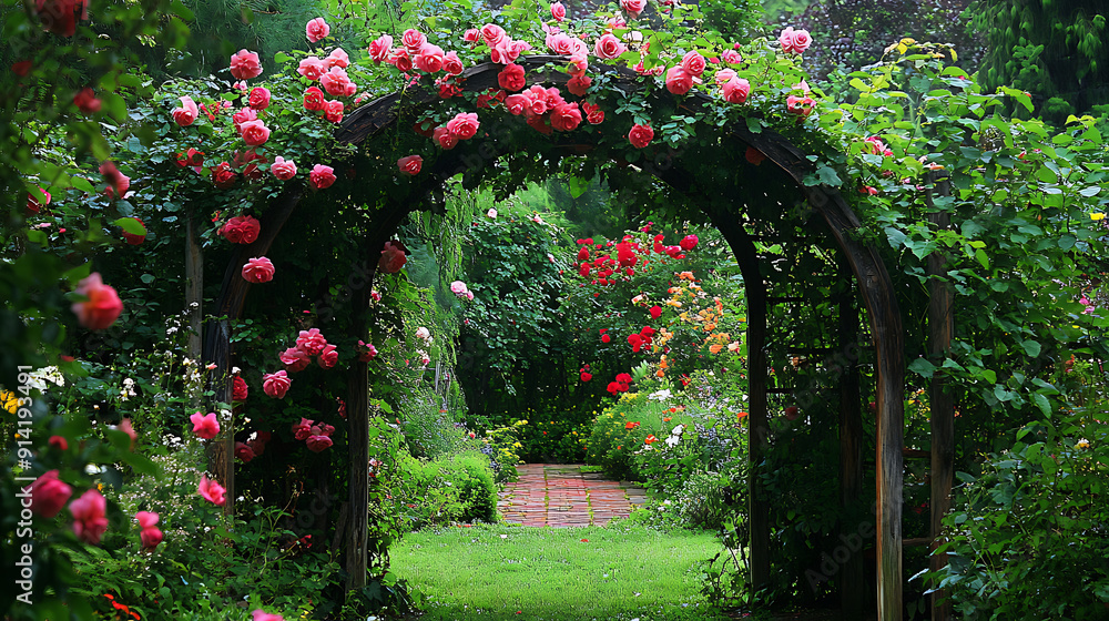 Fototapeta premium An arched trellis covered with climbing roses, set in a charming garden filled with various flowering plants 