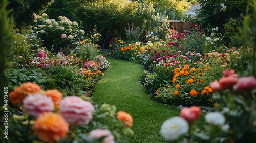 A wide-angle view of a sprawling flower garden, showcasing a mix of seasonal blooms and ornamental plants 