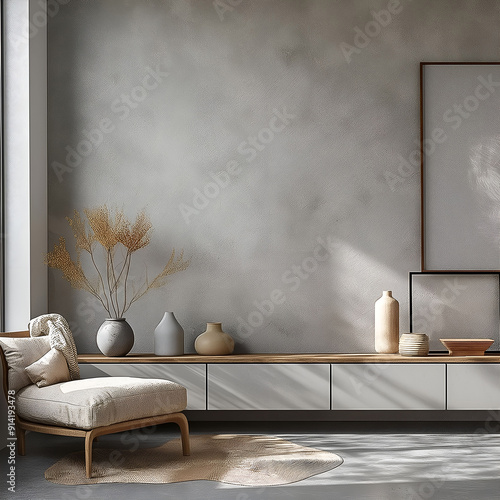 Aesthetic elegant minimalist japandi interior design. Clear mock up empty wall for decoration. Copy space. Neutral palette of natural colors. photo