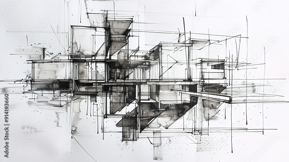 Obraz premium The Fascinating World of Abstract Architectural Drawings: A Blend of Creativity and Innovation. Showcasing Unconventional Designs and Inspiring Spatial Concepts.