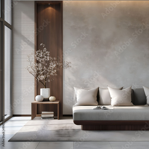 Aesthetic elegant minimalist japandi interior design. Clear mock up empty wall for decoration. Copy space. Neutral palette of natural colors. photo