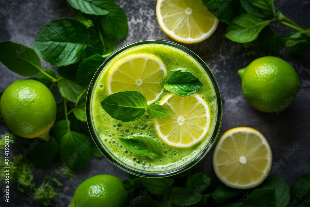 Above view of healthy green smoothie or shake Above view of healthy green smoothie or shake