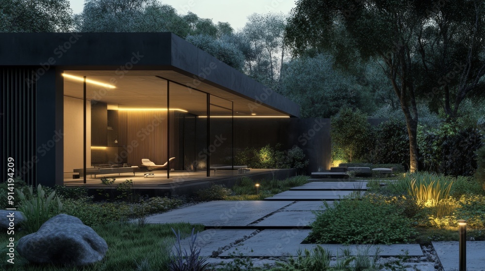 Sleek, modern house 3D rendering with a minimalist garden and elegant outdoor lighting. Sleek, modern house 3D rendering with a minimalist garden and elegant outdoor lighting.